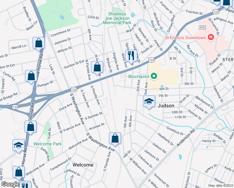 map of restaurants, bars, coffee shops, grocery stores, and more near 25 Piedmont Avenue in Greenville