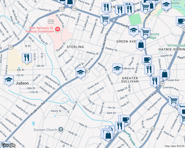 map of restaurants, bars, coffee shops, grocery stores, and more near 12 Lincoln Street in Greenville