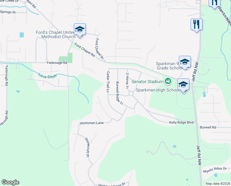 map of restaurants, bars, coffee shops, grocery stores, and more near 108 Jeff Ridge Tr in Harvest