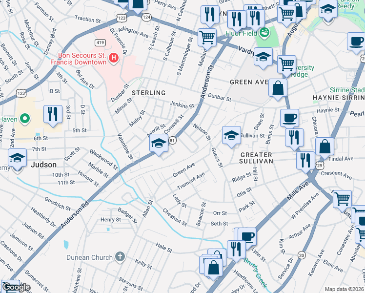 map of restaurants, bars, coffee shops, grocery stores, and more near 115 Lafayette Street in Greenville