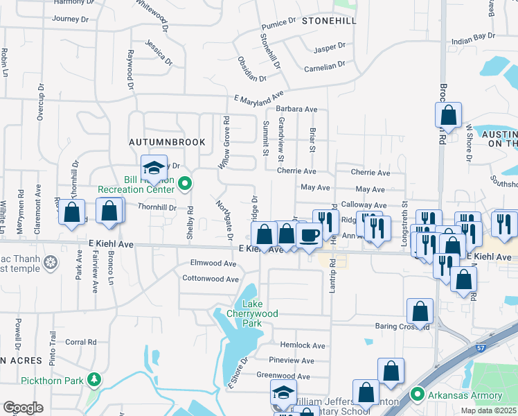 map of restaurants, bars, coffee shops, grocery stores, and more near 8620 Woodridge Drive in Sherwood