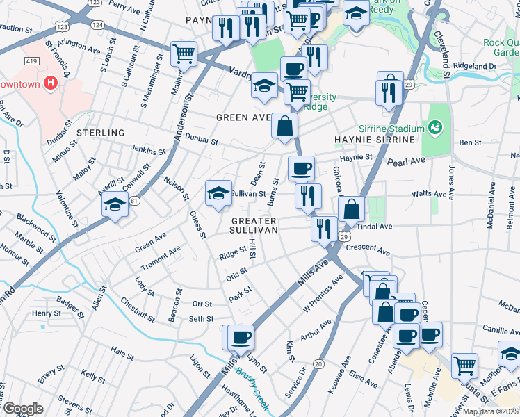 map of restaurants, bars, coffee shops, grocery stores, and more near 8 Burns Circle in Greenville