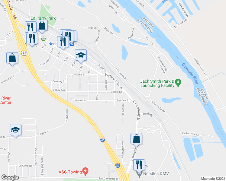 map of restaurants, bars, coffee shops, grocery stores, and more near 522 Quivera Street in Needles