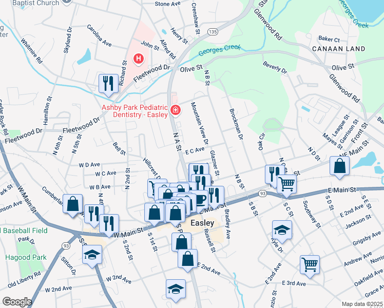 map of restaurants, bars, coffee shops, grocery stores, and more near 106 East C Avenue in Easley