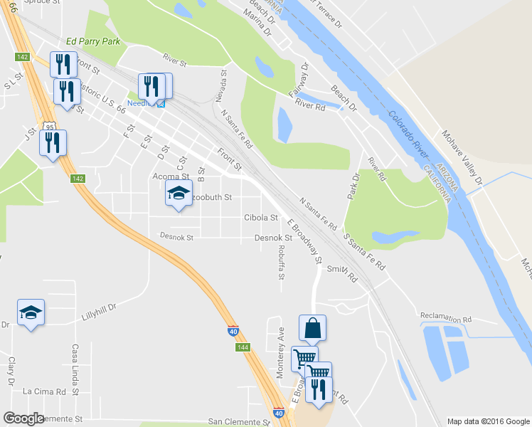 map of restaurants, bars, coffee shops, grocery stores, and more near 521 Quivera Street in Needles