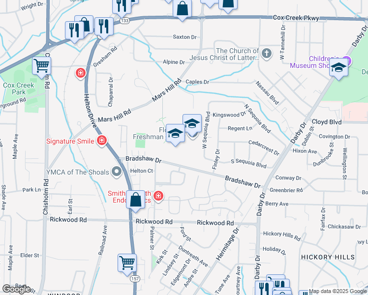 map of restaurants, bars, coffee shops, grocery stores, and more near 1201 Bradshaw Drive in Florence
