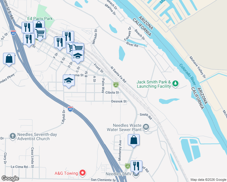 map of restaurants, bars, coffee shops, grocery stores, and more near 521 Quivera Street in Needles