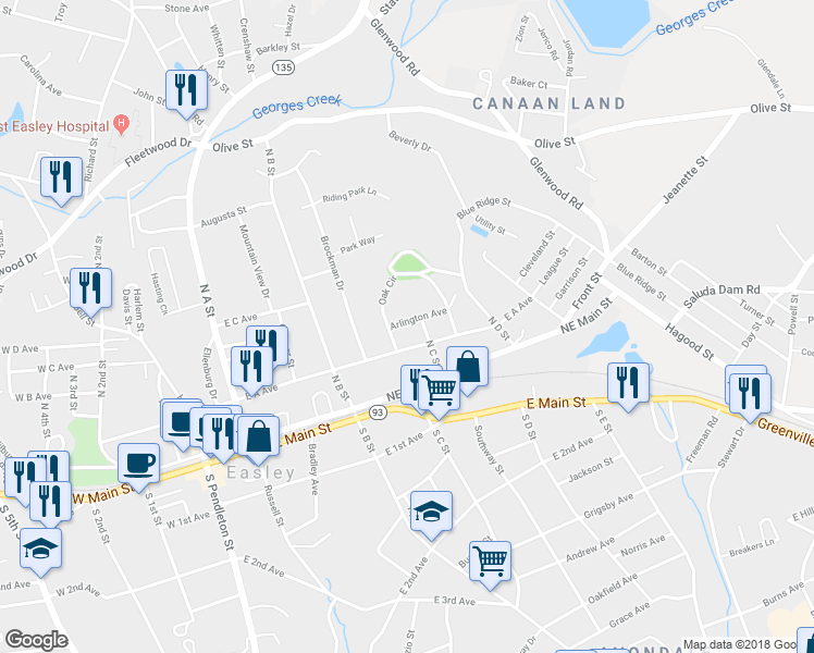map of restaurants, bars, coffee shops, grocery stores, and more near 102 Arlington Avenue in Easley