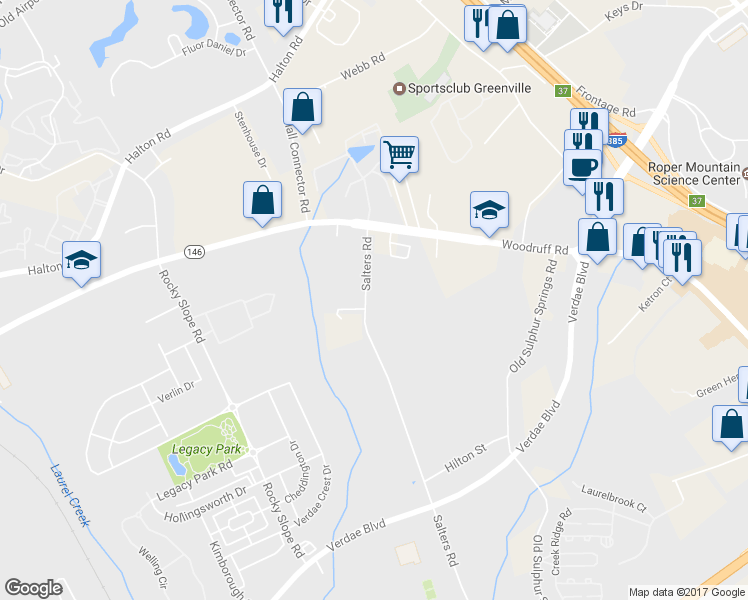 map of restaurants, bars, coffee shops, grocery stores, and more near 75 Salters Road in Greenville