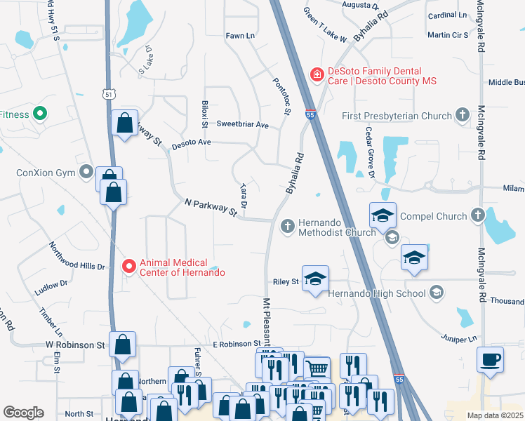 map of restaurants, bars, coffee shops, grocery stores, and more near 250 North Parkway Street in Hernando