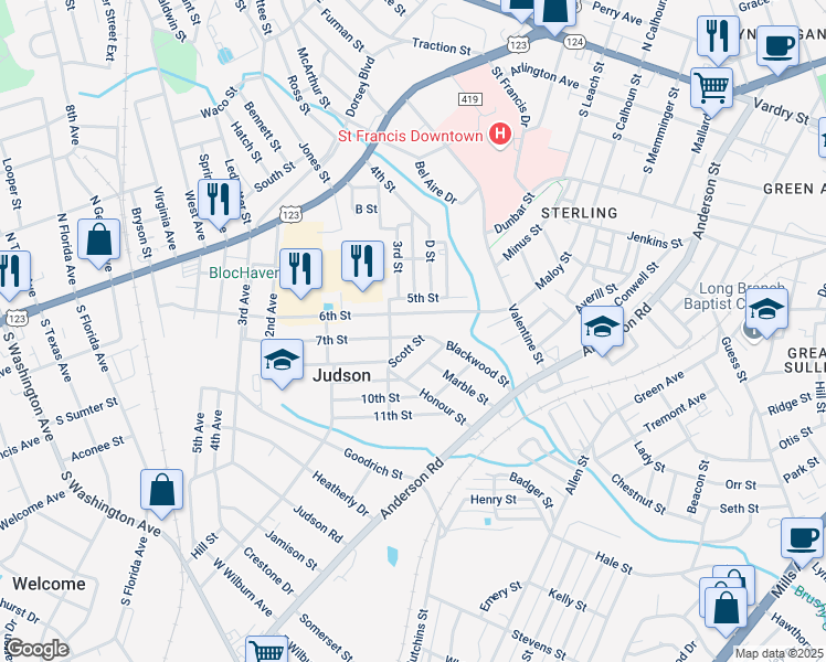 map of restaurants, bars, coffee shops, grocery stores, and more near 37 7th Street in Greenville