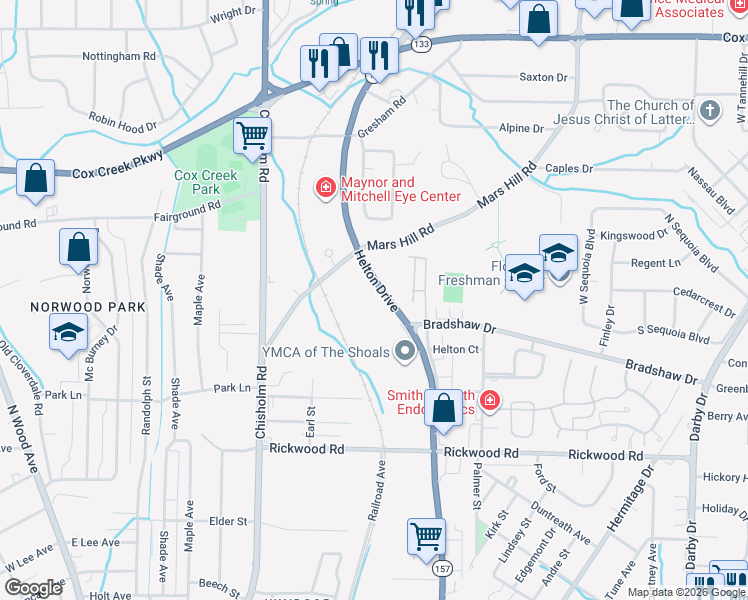 map of restaurants, bars, coffee shops, grocery stores, and more near 2247 Helton Drive in Florence