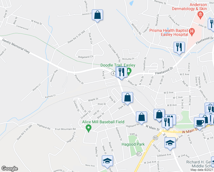 map of restaurants, bars, coffee shops, grocery stores, and more near 331 King Street in Easley