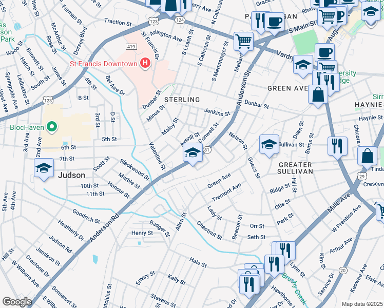 map of restaurants, bars, coffee shops, grocery stores, and more near 902 Anderson Road in Greenville