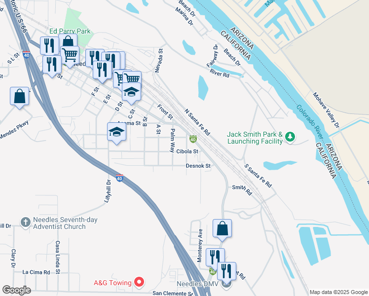 map of restaurants, bars, coffee shops, grocery stores, and more near 520 Quivera Street in Needles