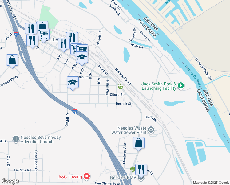 map of restaurants, bars, coffee shops, grocery stores, and more near 520 Quivera St in Needles