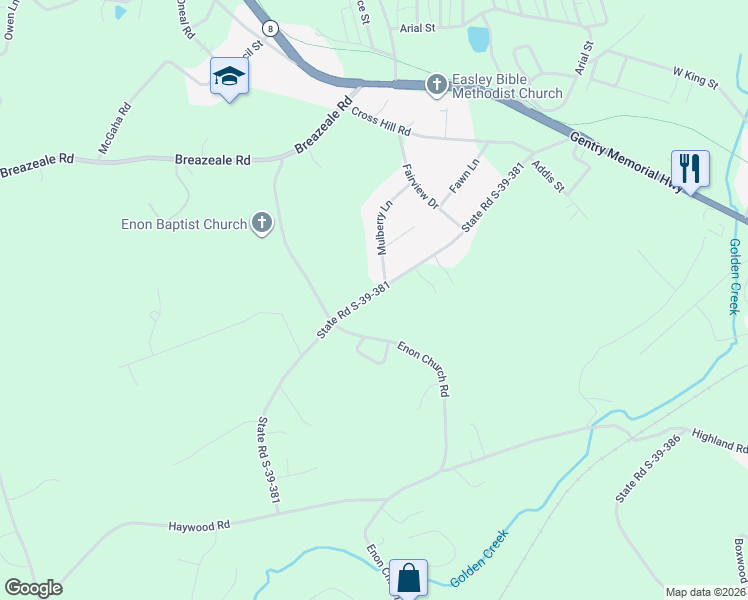 map of restaurants, bars, coffee shops, grocery stores, and more near 405 Mulberry Road in Easley