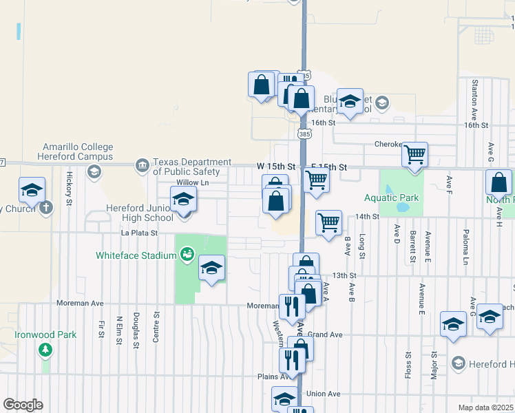 map of restaurants, bars, coffee shops, grocery stores, and more near 400 Jack Griffin Drive in Hereford