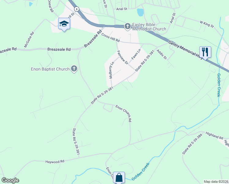 map of restaurants, bars, coffee shops, grocery stores, and more near 405 Mulberry Road in Easley
