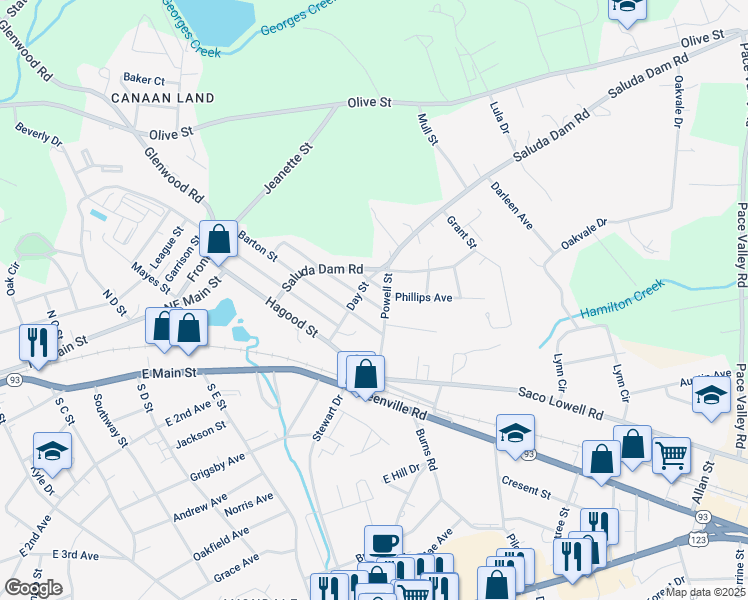map of restaurants, bars, coffee shops, grocery stores, and more near 303 Turner Street in Easley