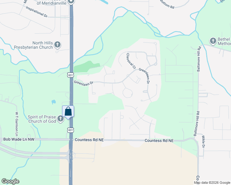 map of restaurants, bars, coffee shops, grocery stores, and more near 107 Colonnade Drive in Huntsville