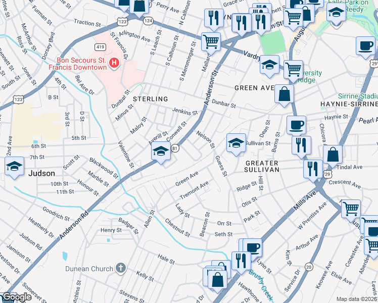 map of restaurants, bars, coffee shops, grocery stores, and more near 97 Lincoln Street in Greenville