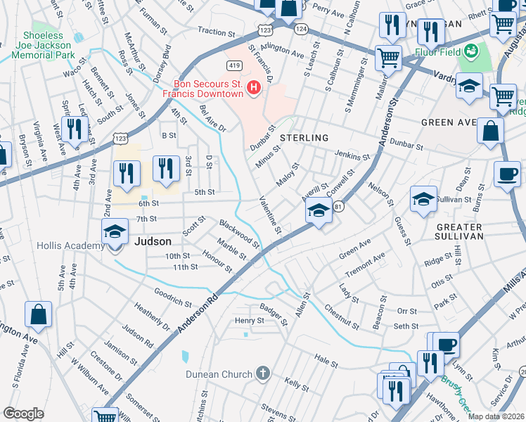 map of restaurants, bars, coffee shops, grocery stores, and more near 11B Valentine Street in Greenville