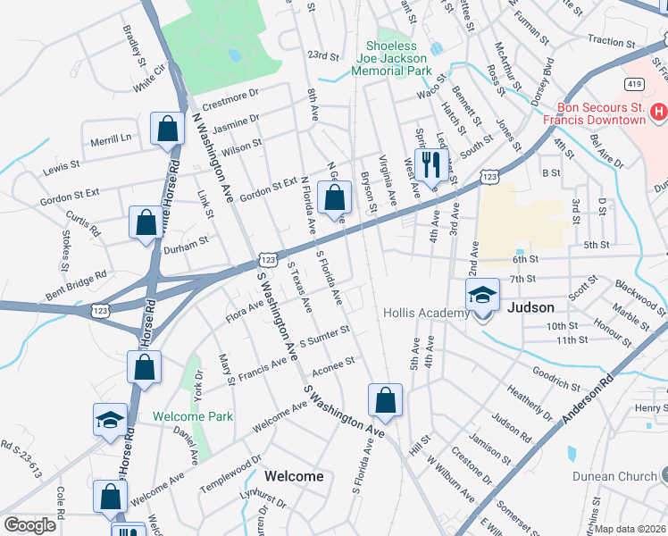 map of restaurants, bars, coffee shops, grocery stores, and more near 13 South Florida Avenue in Greenville