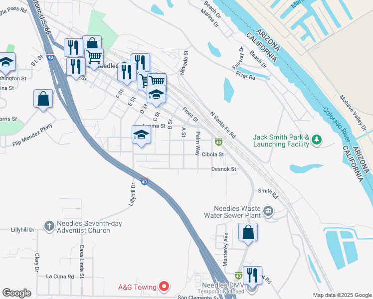 map of restaurants, bars, coffee shops, grocery stores, and more near 515 A Street in Needles