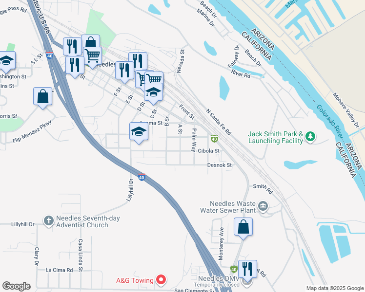 map of restaurants, bars, coffee shops, grocery stores, and more near 515 A Street in Needles
