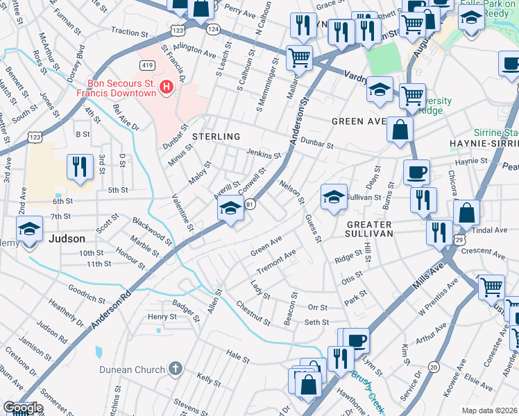 map of restaurants, bars, coffee shops, grocery stores, and more near 115 Lafayette Street in Greenville