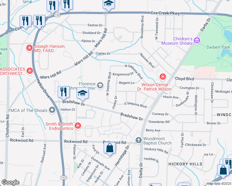 map of restaurants, bars, coffee shops, grocery stores, and more near Finley Drive in Florence