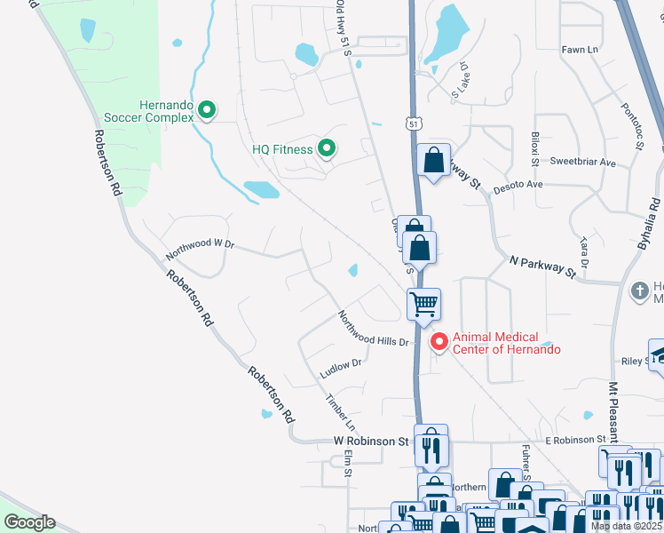 map of restaurants, bars, coffee shops, grocery stores, and more near 1648 Timber Creek Drive in Hernando