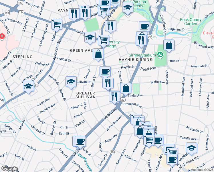 map of restaurants, bars, coffee shops, grocery stores, and more near 810 South Carolina 20 in Greenville