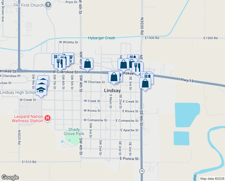map of restaurants, bars, coffee shops, grocery stores, and more near in Lindsay