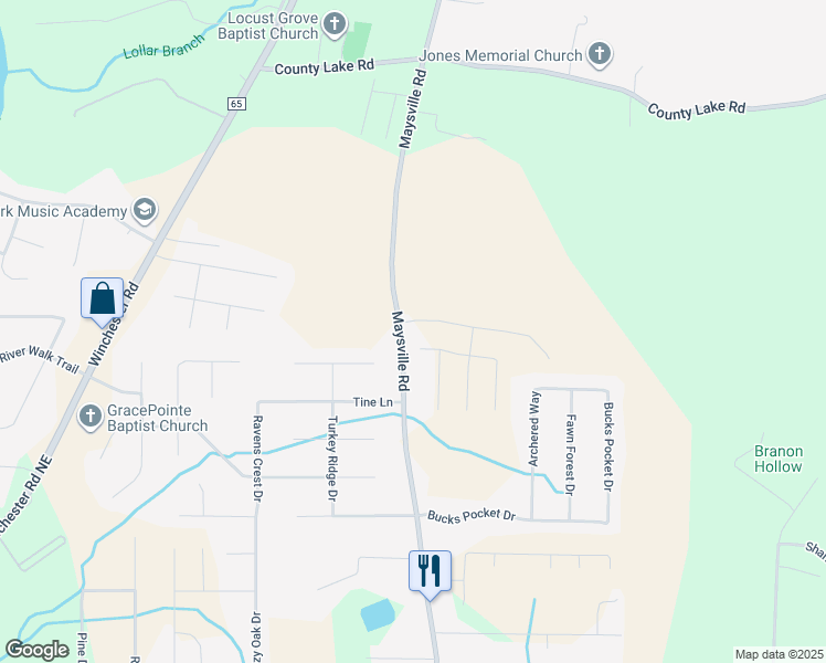 map of restaurants, bars, coffee shops, grocery stores, and more near 5311 Maysville Road in New Market