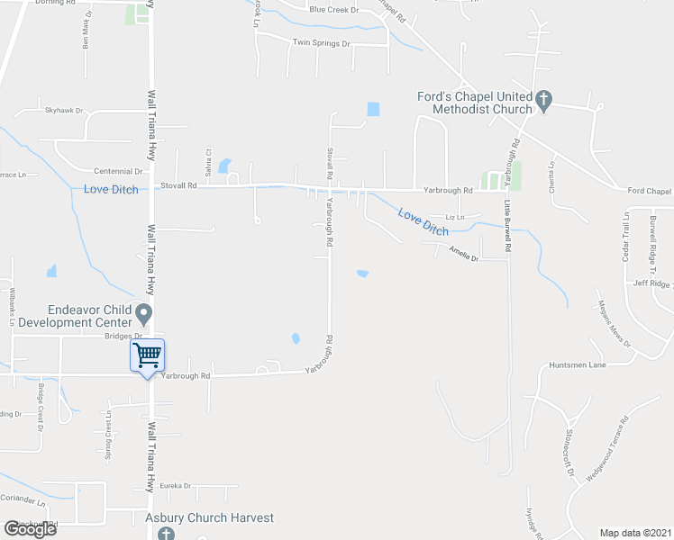 map of restaurants, bars, coffee shops, grocery stores, and more near 480 Yarbrough Road in Harvest