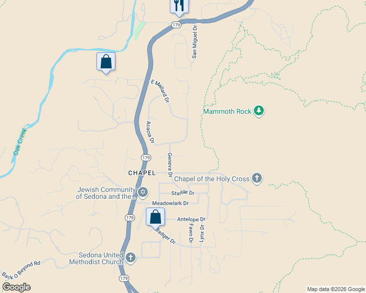 map of restaurants, bars, coffee shops, grocery stores, and more near 28 East McCullough Drive in Sedona