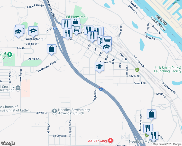 map of restaurants, bars, coffee shops, grocery stores, and more near 710 Valley Avenue in Needles