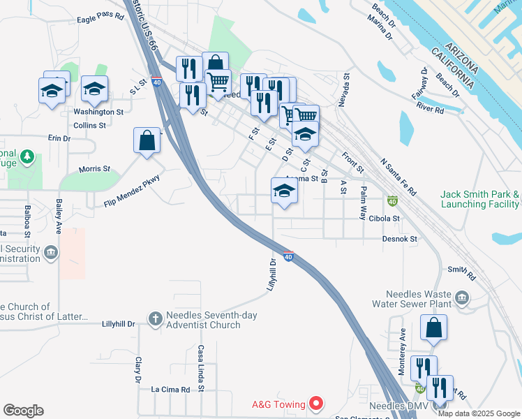 map of restaurants, bars, coffee shops, grocery stores, and more near 710 Valley Avenue in Needles