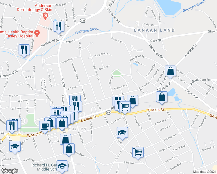 map of restaurants, bars, coffee shops, grocery stores, and more near 203 Oak Circle in Easley
