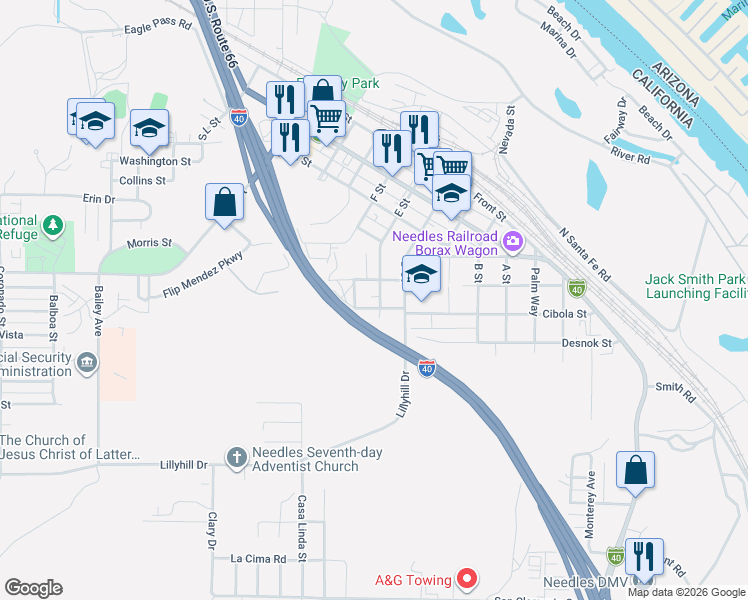 map of restaurants, bars, coffee shops, grocery stores, and more near 709 Valley Avenue in Needles