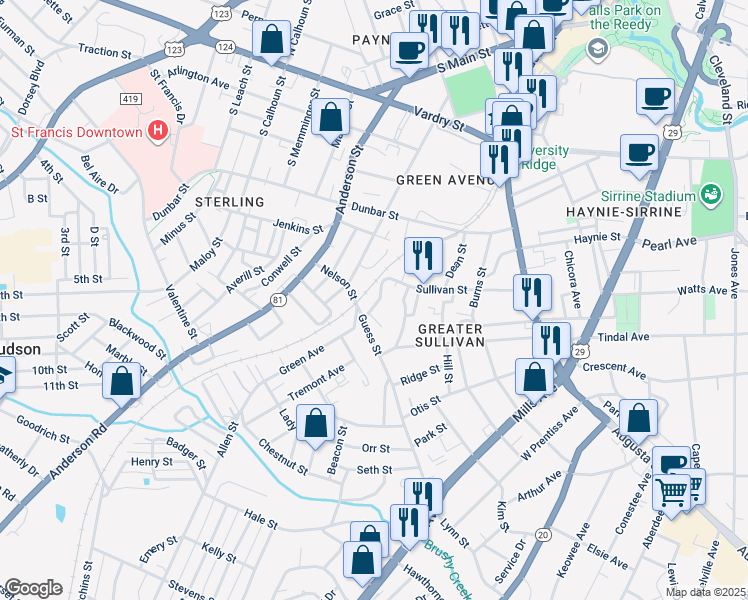 map of restaurants, bars, coffee shops, grocery stores, and more near 28 Bolt Street in Greenville