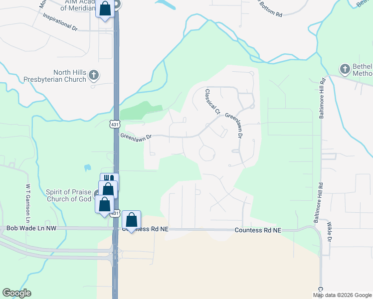 map of restaurants, bars, coffee shops, grocery stores, and more near 107 Colonnade Drive in Huntsville