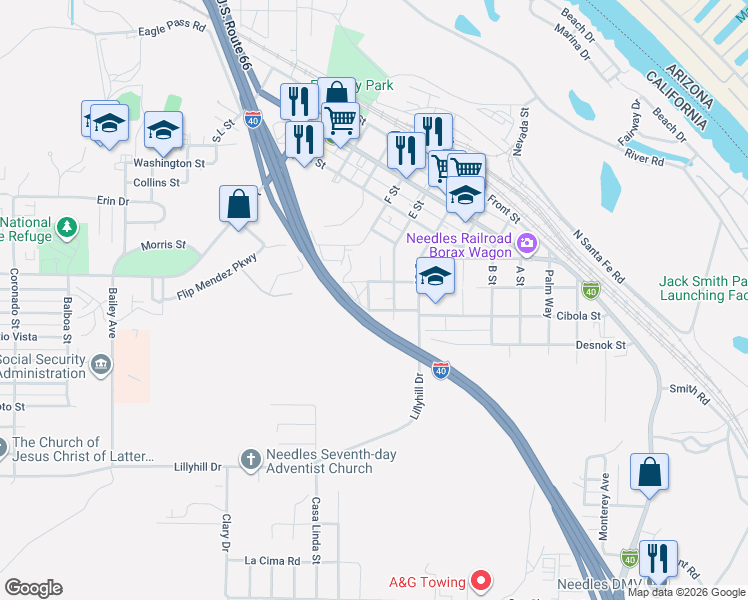 map of restaurants, bars, coffee shops, grocery stores, and more near 806 Valley Avenue in Needles