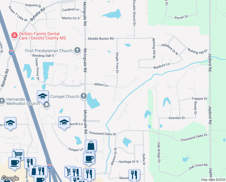 map of restaurants, bars, coffee shops, grocery stores, and more near 1215 Milam Lane in Hernando