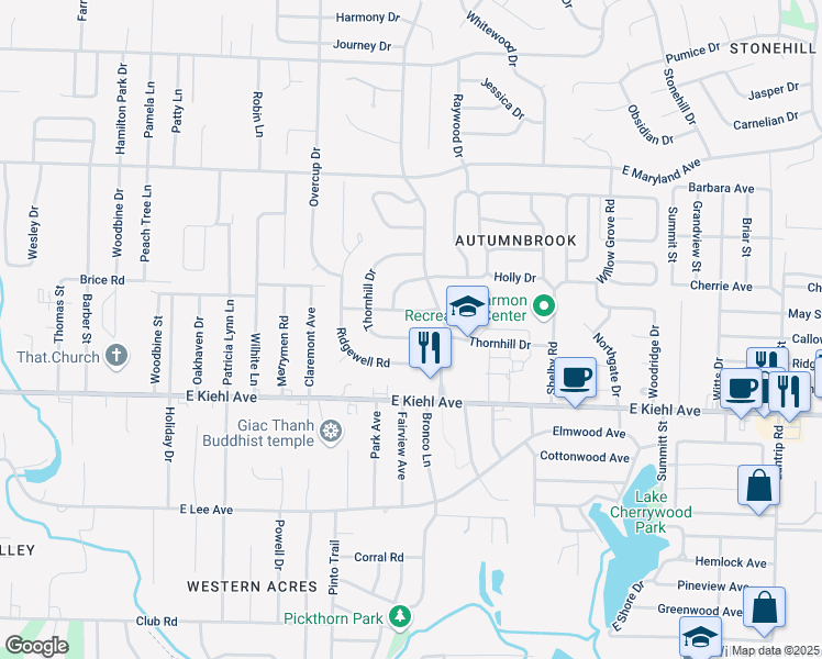 map of restaurants, bars, coffee shops, grocery stores, and more near 13 Thornhill Drive in Sherwood