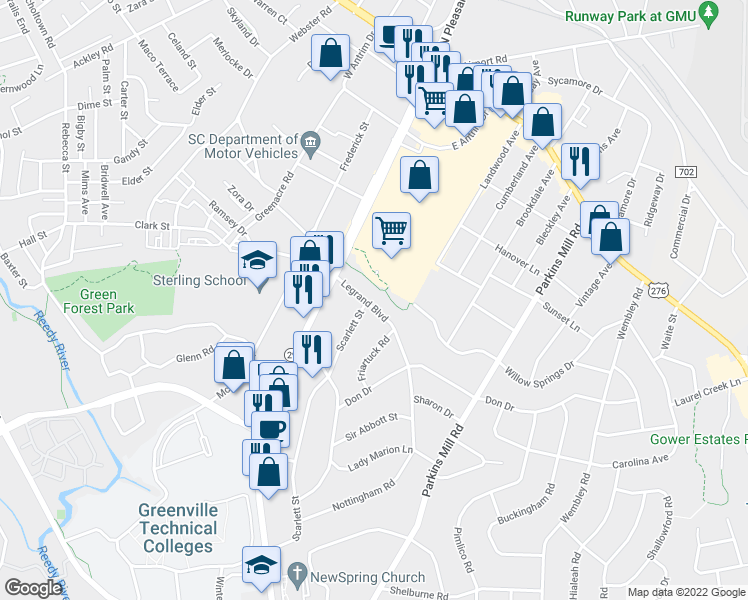map of restaurants, bars, coffee shops, grocery stores, and more near 123 Legrand Boulevard in Greenville
