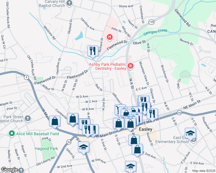 map of restaurants, bars, coffee shops, grocery stores, and more near 102 Davis Street in Easley