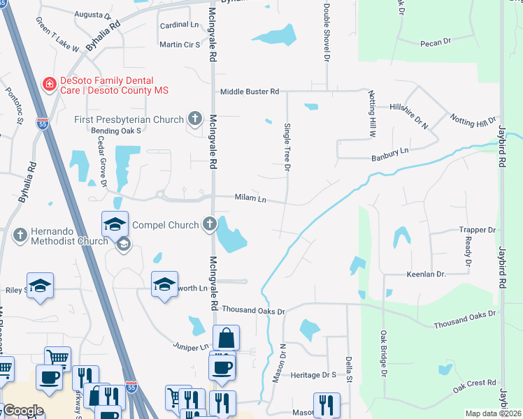 map of restaurants, bars, coffee shops, grocery stores, and more near 1215 Milam Lane in Hernando